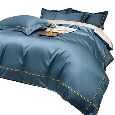 Home 200-Count Tencel bordado de gelo de duas faces de seda folhas e seda lisa nudos cobertor de cama conjunto