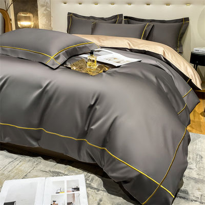 Home 200-Count Tencel bordado de gelo de duas faces de seda folhas e seda lisa nudos cobertor de cama conjunto