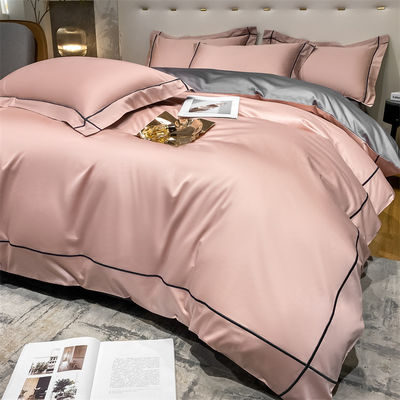 Home 200-Count Tencel bordado de gelo de duas faces de seda folhas e seda lisa nudos cobertor de cama conjunto