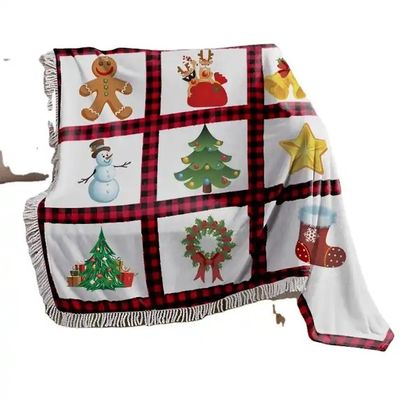 Poliéster Natal Impresso Subbank Lançar cobertor com Painel de Plaid Vermelho e Tassel Trim