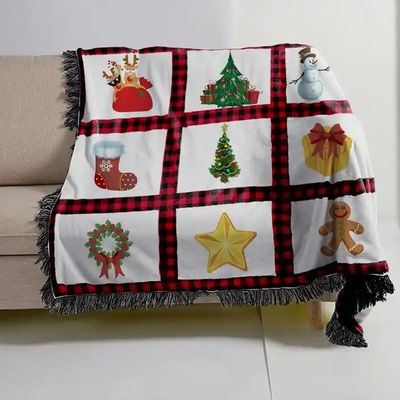 Poliéster Natal Impresso Subbank Lançar cobertor com Painel de Plaid Vermelho e Tassel Trim