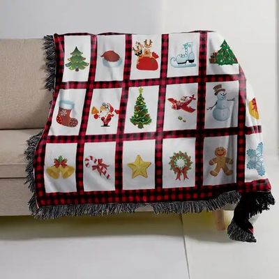 Poliéster Natal Impresso Subbank Lançar cobertor com Painel de Plaid Vermelho e Tassel Trim