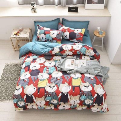 Cartão animado de poliéster simples 4 pcs lençol de cama conjunto cobertor de edredom almofada roupa de cama de casamento