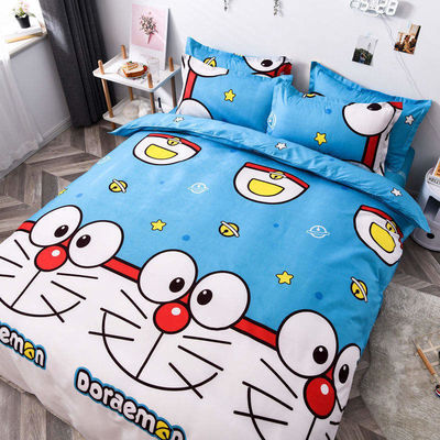 Cartão animado de poliéster simples 4 pcs lençol de cama conjunto cobertor de edredom almofada roupa de cama de casamento