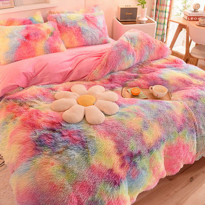 Casa Hotel Casamento Cor do Arco-íris Couro Falso Puro Veludo Fluffy Plush Roupas de Cama Maciça Conjunto 4 Peças