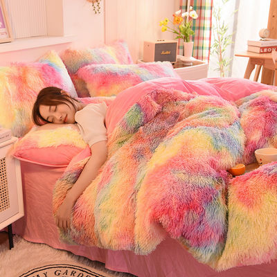 Casa Hotel Casamento Cor do Arco-íris Couro Falso Puro Veludo Fluffy Plush Roupas de Cama Maciça Conjunto 4 Peças