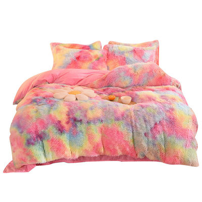 Casa Hotel Casamento Cor do Arco-íris Couro Falso Puro Veludo Fluffy Plush Roupas de Cama Maciça Conjunto 4 Peças