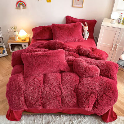 Ins Cor Vermelha Vermelho Mink Veludo Cristal Cama de Cama Conjunto para Inverno Cama de Cama de Cama