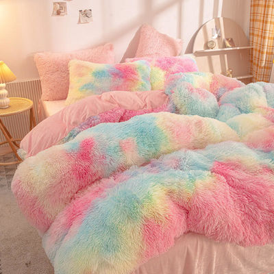 Rainbow Color Falsa Pelúcia Veludo Fluffy Plush Lençóis de Cama Conjunto para Casa Moderna e Decoração