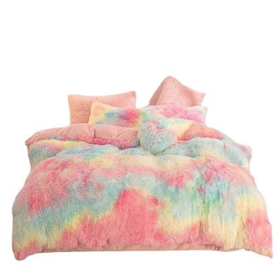 Rainbow Color Falsa Pelúcia Veludo Fluffy Plush Lençóis de Cama Conjunto para Casa Moderna e Decoração