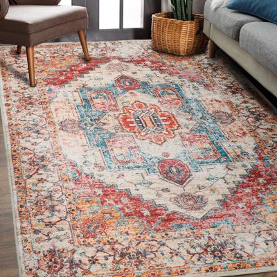 Tapete de sala de estar de estilo boêmio com impressão floral com função de não derramamento e cuidado fácil
