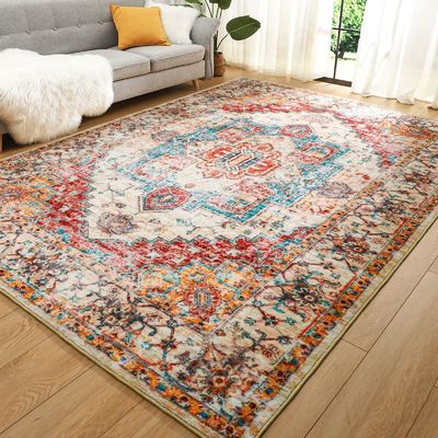 Tapete de sala de estar de estilo boêmio com impressão floral com função de não derramamento e cuidado fácil