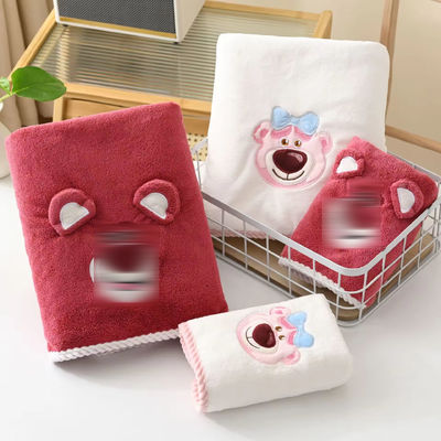 Toalha 3D Urso de Morango Toalha de Banho Linho de Coral Toalha de Banho Absorvente Suave para Crianças