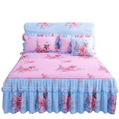 Hotel estilo lençóis de renda dupla com saia de cama coberta de edredom