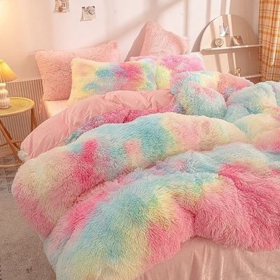200TC Contagem de fios Set de roupas de cama de pele falsa Duvet Mink Rainbow Plush Fluffy Luxury Fitted Sheets Set