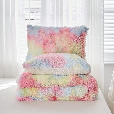 200TC Contagem de fios Set de roupas de cama de pele falsa Duvet Mink Rainbow Plush Fluffy Luxury Fitted Sheets Set