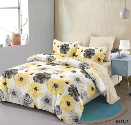 Casa 100% Poliéster Amarelo Floral Impressão Set de roupa de cama com 2 cortinas 8 peças