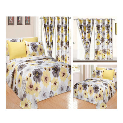 Casa 100% Poliéster Amarelo Floral Impressão Set de roupa de cama com 2 cortinas 8 peças