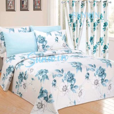 Casa 100% Poliéster Amarelo Floral Impressão Set de roupa de cama com 2 cortinas 8 peças