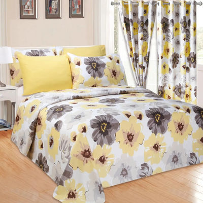 Casa 100% Poliéster Amarelo Floral Impressão Set de roupa de cama com 2 cortinas 8 peças