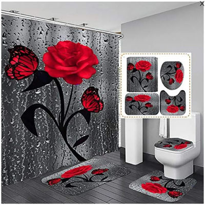 Flor de rosa 100% poliéster impermeável Cortina de chuveiro Banheiro 4pcs Set Top-