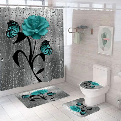 Flor de rosa 100% poliéster impermeável Cortina de chuveiro Banheiro 4pcs Set Top-