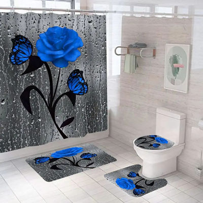 Flor de rosa 100% poliéster impermeável Cortina de chuveiro Banheiro 4pcs Set Top-