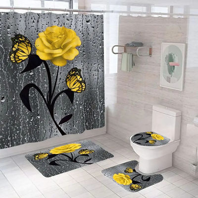 Flor de rosa 100% poliéster impermeável Cortina de chuveiro Banheiro 4pcs Set Top-