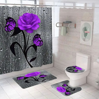 Flor de rosa 100% poliéster impermeável Cortina de chuveiro Banheiro 4pcs Set Top-