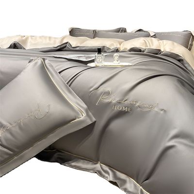 Cor sólida Luz luxo bordados de seda lavada 4 peças de roupa de cama com lençol montado