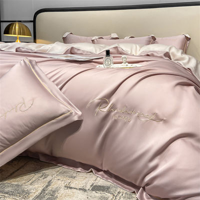 Cor sólida Luz luxo bordados de seda lavada 4 peças de roupa de cama com lençol montado