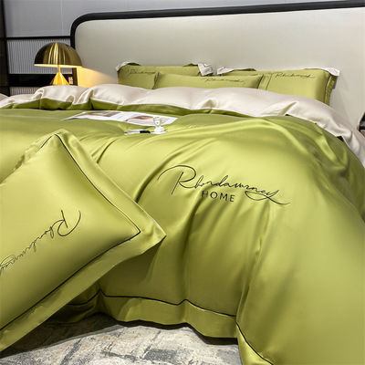 Cor sólida Luz luxo bordados de seda lavada 4 peças de roupa de cama com lençol montado