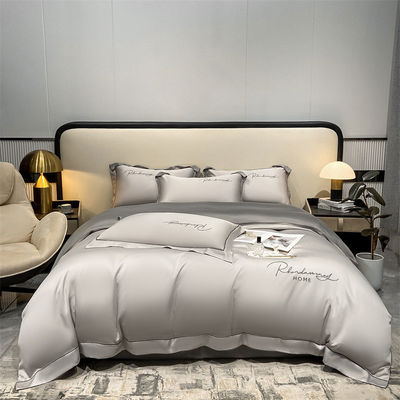 Cor sólida Luz luxo bordados de seda lavada 4 peças de roupa de cama com lençol montado