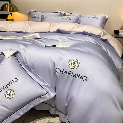 Cor sólida Luz luxo bordados de seda lavada 4 peças de roupa de cama com lençol montado
