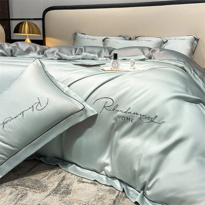 Cor sólida Luz luxo bordados de seda lavada 4 peças de roupa de cama com lençol montado