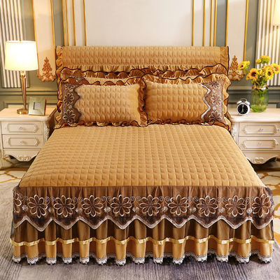 Setes de roupas de cama de hotel de fibra de poliéster Plantas florais preenchidas Capa de cama impressa Toalhas de saia 3pcs Set de cobertor de cama