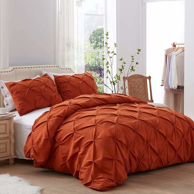 Queen Size Solid Pinch Pleat Pintuck 3 peças Set de cobertura de cobertor com bordados de diamante