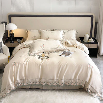 Set de roupas de cama de seda branca Queen King Size com bordados à mão