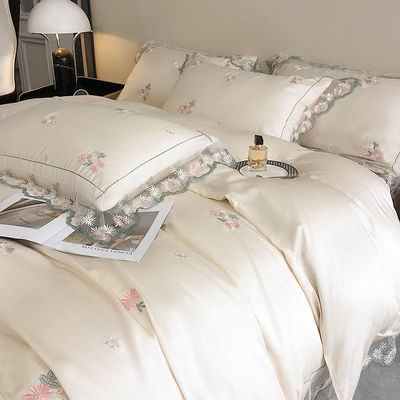 Set de roupas de cama de seda branca Queen King Size com bordados à mão