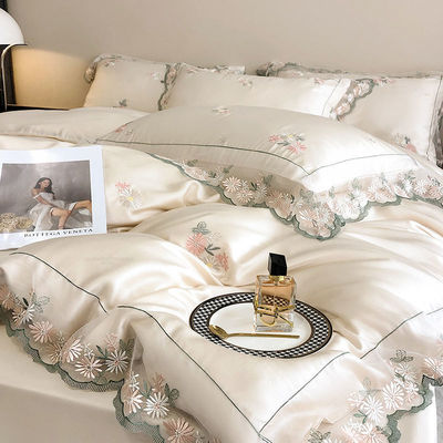 Set de roupas de cama de seda branca Queen King Size com bordados à mão