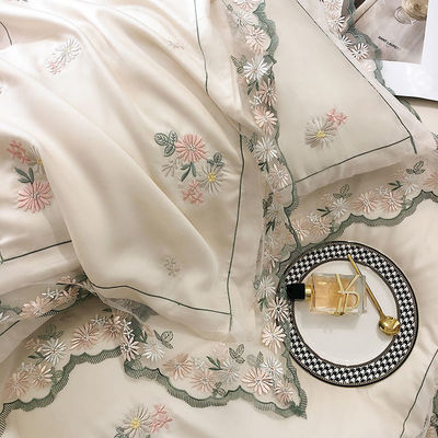 Set de roupas de cama de seda branca Queen King Size com bordados à mão