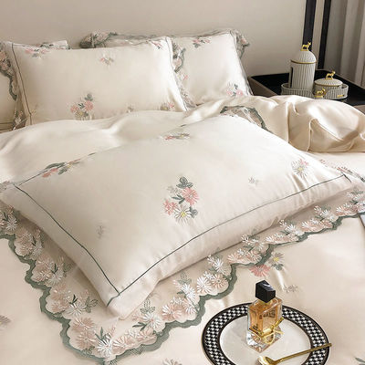 Set de roupas de cama de seda branca Queen King Size com bordados à mão