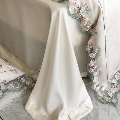Set de roupas de cama de seda branca Queen King Size com bordados à mão
