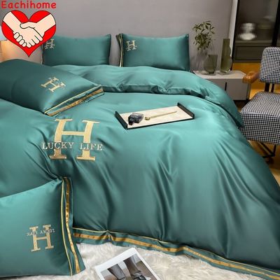 Seal quente customizado H bordado de seda lavada quatro peças de roupa de cama para todas as estações