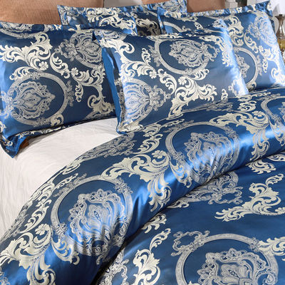 Conjunto de cobertura de colchão de cetim de cor sólida estilo barroco retrô europeu Jacquard azul personalizado