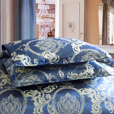 Conjunto de cobertura de colchão de cetim de cor sólida estilo barroco retrô europeu Jacquard azul personalizado
